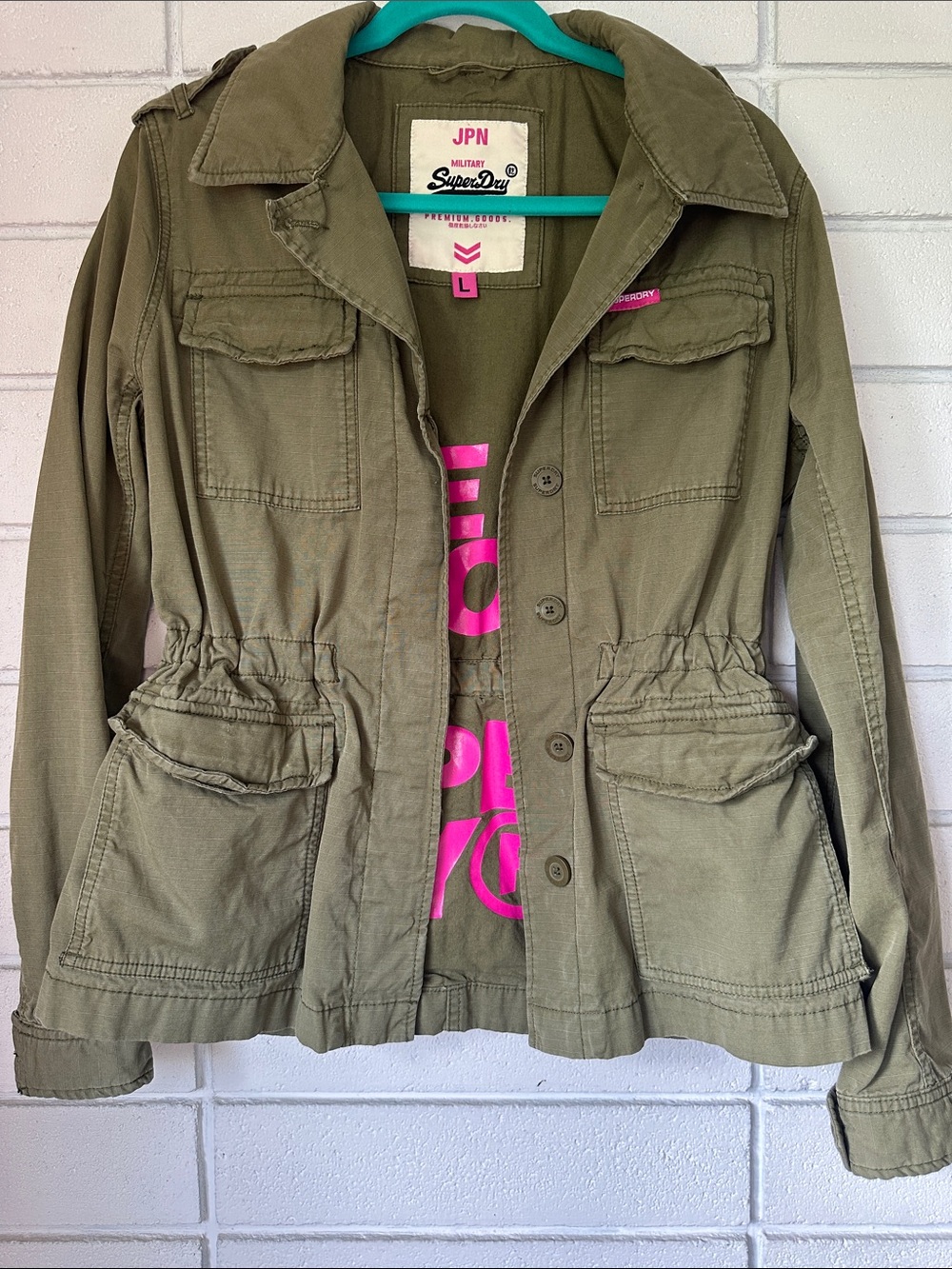 Superdry Olive Green Utility Jacket with Pink Graphic Tee Accent